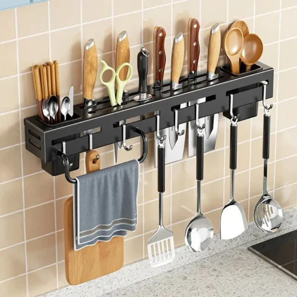 Kitchen Knife Spoon Utensils Holder Rack with Towel Hanger Wall-mounted Storage Organizer