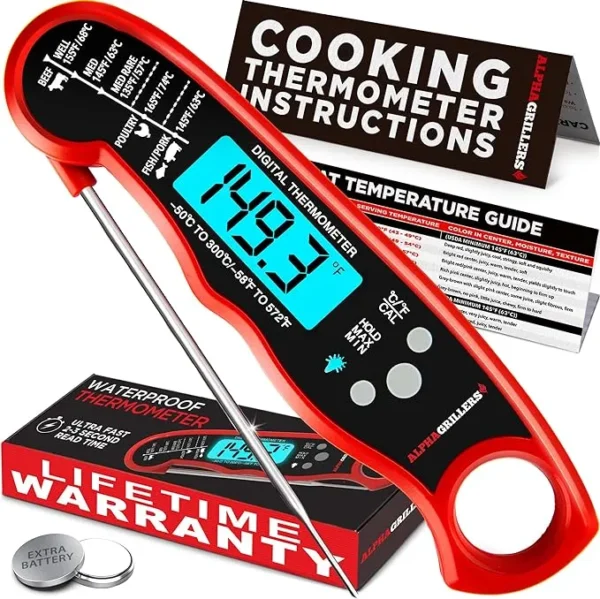 Instant Read Meat Thermometer for Grill and Cooking. Best Waterproof Ultra Fast Thermometer with Backlight & Calibration. Digital Food Probe for Kitchen, Outdoor Grilling and BBQ!